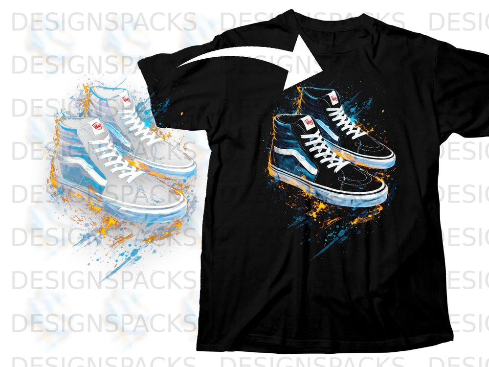 Black t-shirt with a graphic print of two Vans high-top sneakers in black and blue.