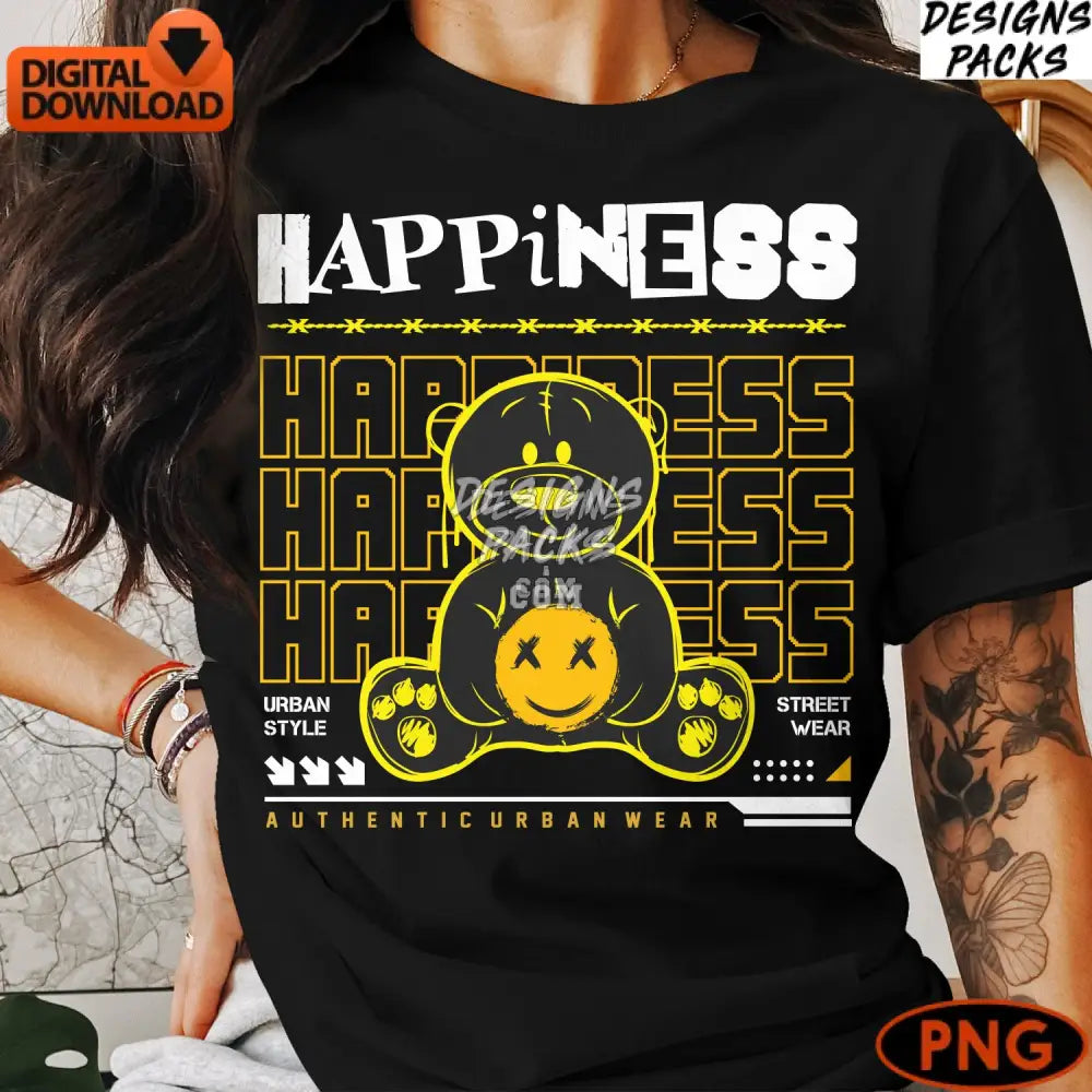 Urban Style Black Bear T-Shirt Design Happiness Authentic Wear Digital Png Download
