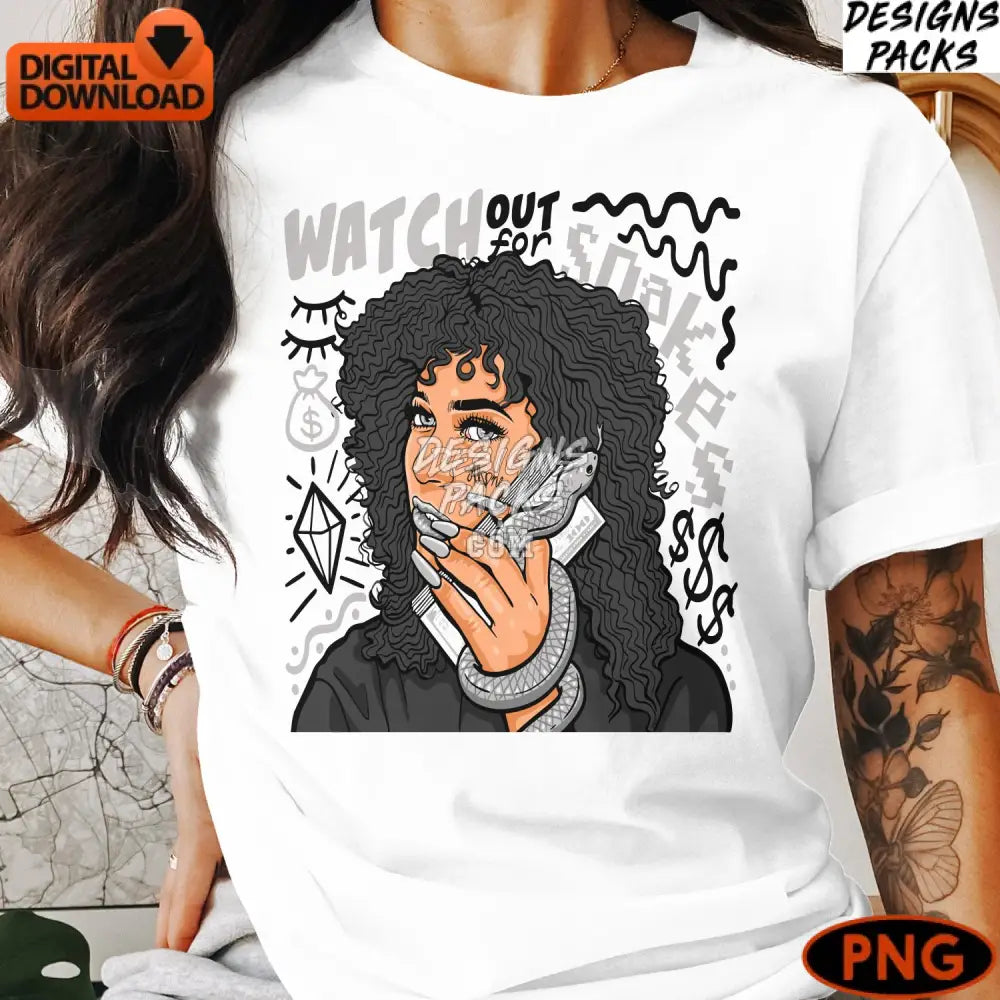 Urban Style Digital Illustration Black Woman With Snake Edgy Street Art Png Instant Download