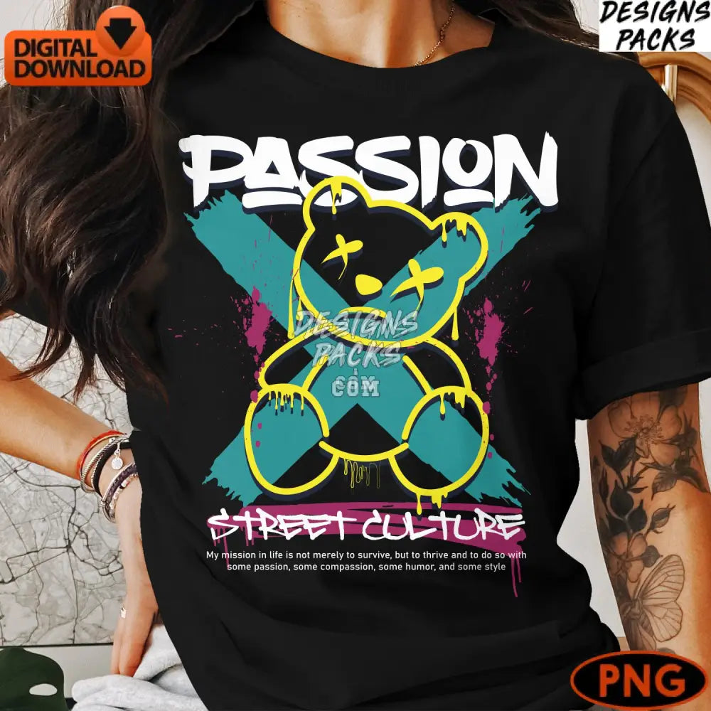 Urban Style Teddy Bear Graphic Passion Street Culture Digital Png Instant Download Vibrant