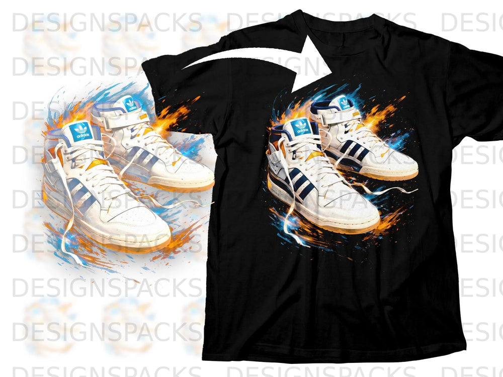 Black t-shirt featuring a graphic of white Adidas sneakers with blue and orange splashes.