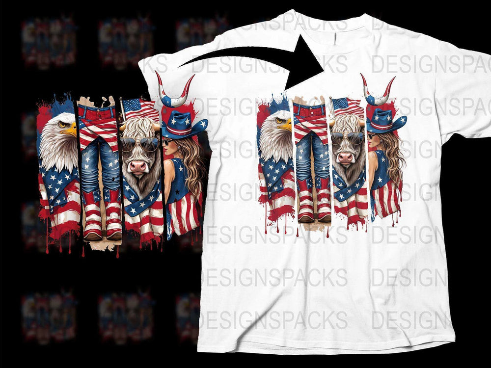 Patriotic Animal T-Shirt, Eagle and Cow with American Flag, 4th of July Tee, Unisex Adult Clothing