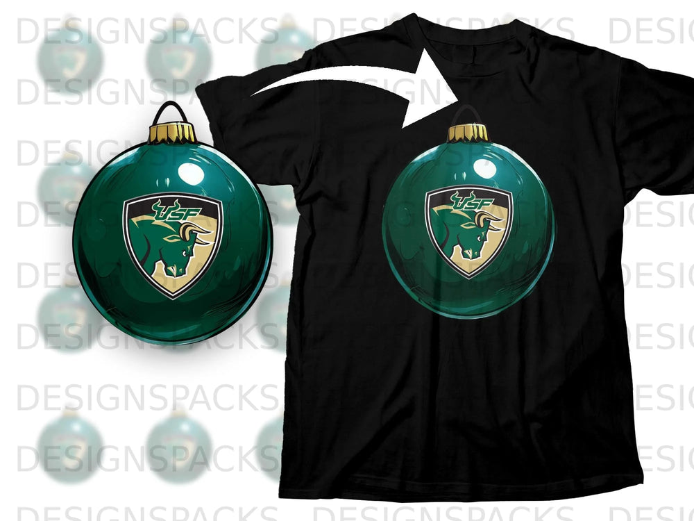 Black t-shirt with two green ornaments featuring a bull logo.