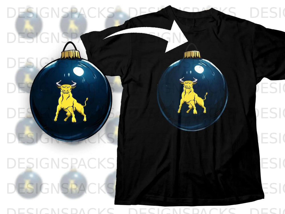 Black t-shirt with a blue Christmas ornament design featuring a yellow bull.