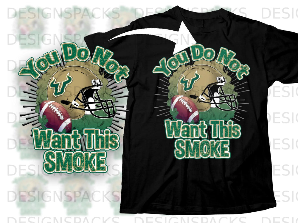 Black t-shirt with USF Bulls football helmet, football, and text.