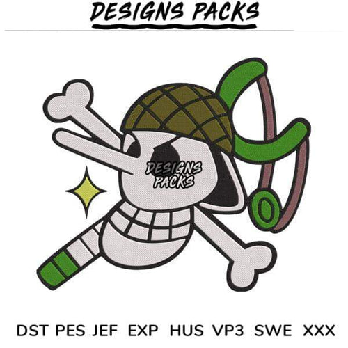 Embroidery design of pirate skull with crossed bones, helmet, and bow—available in PES, DST, JEF formats