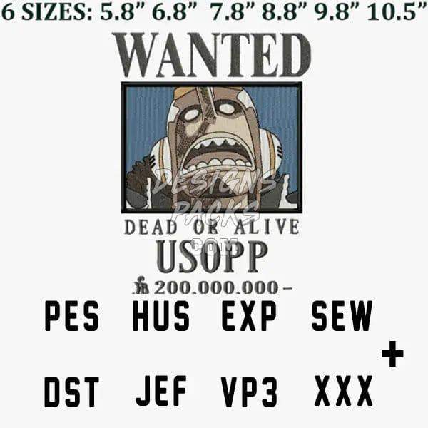 Usopp wanted poster embroidery design in PES, DST, HUS, JEF formats for instant download