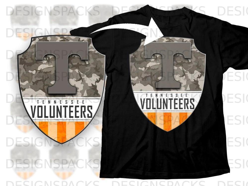 Black t-shirt with Tennessee Volunteers shield logo in camouflage print.