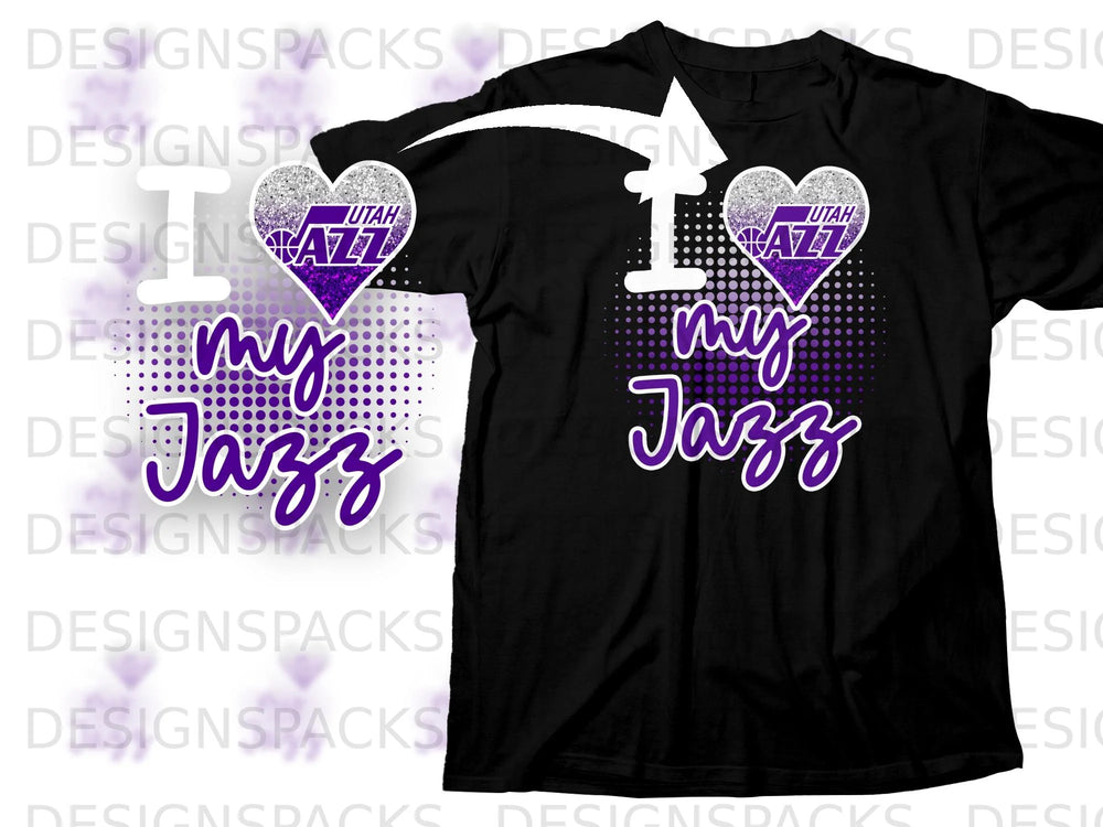 Black t-shirt with "I Love My Utah Jazz" graphic and glitter accents.