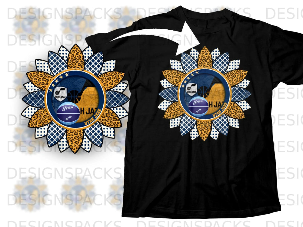 Utah Jazz sunflower design with basketball elements on a black t-shirt.