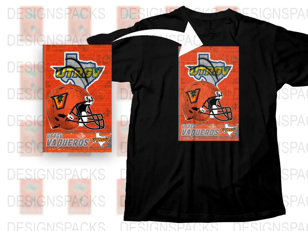 Vintage Vaqueros Football Helmet Graphic T-Shirt, Retro Sports Tee, Unisex Orange and Black Design