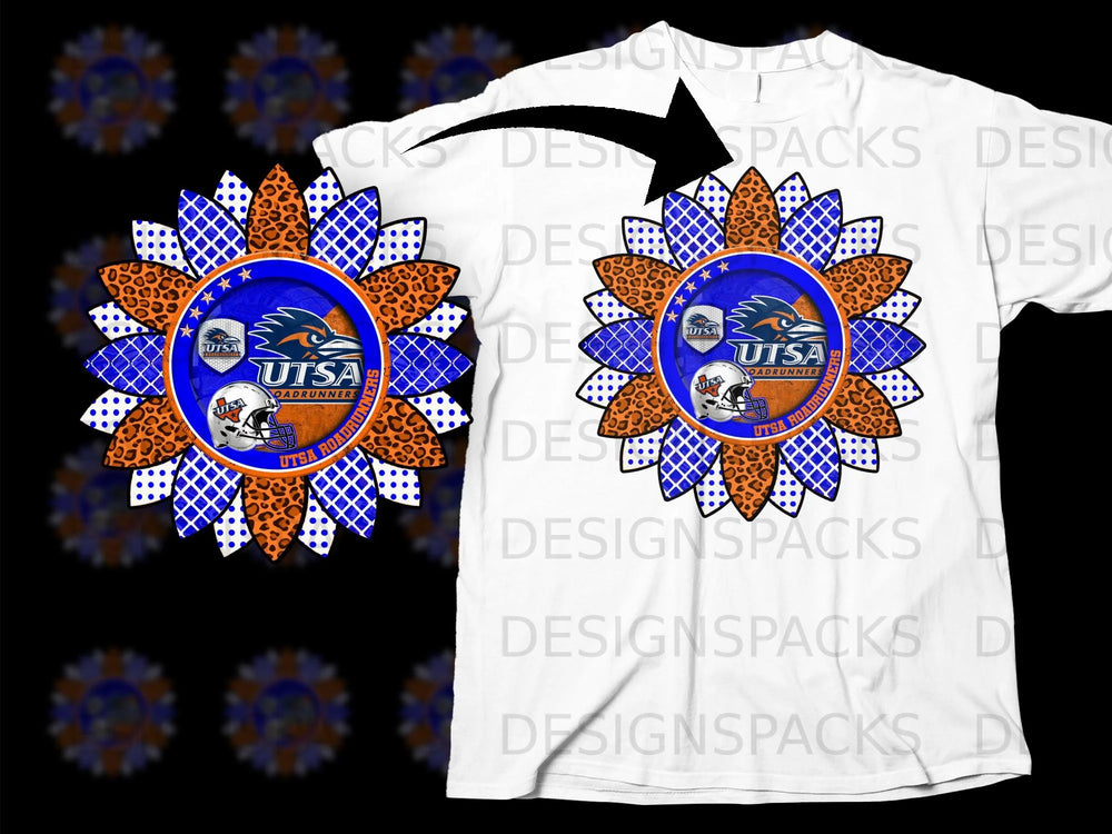 Sunflower graphic with UTSA Roadrunners logo and football helmet on white t-shirt.