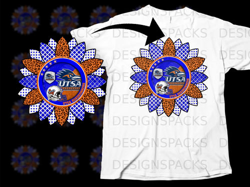 Sunflower graphic with UTSA Roadrunners logo and football helmet on white t-shirt.