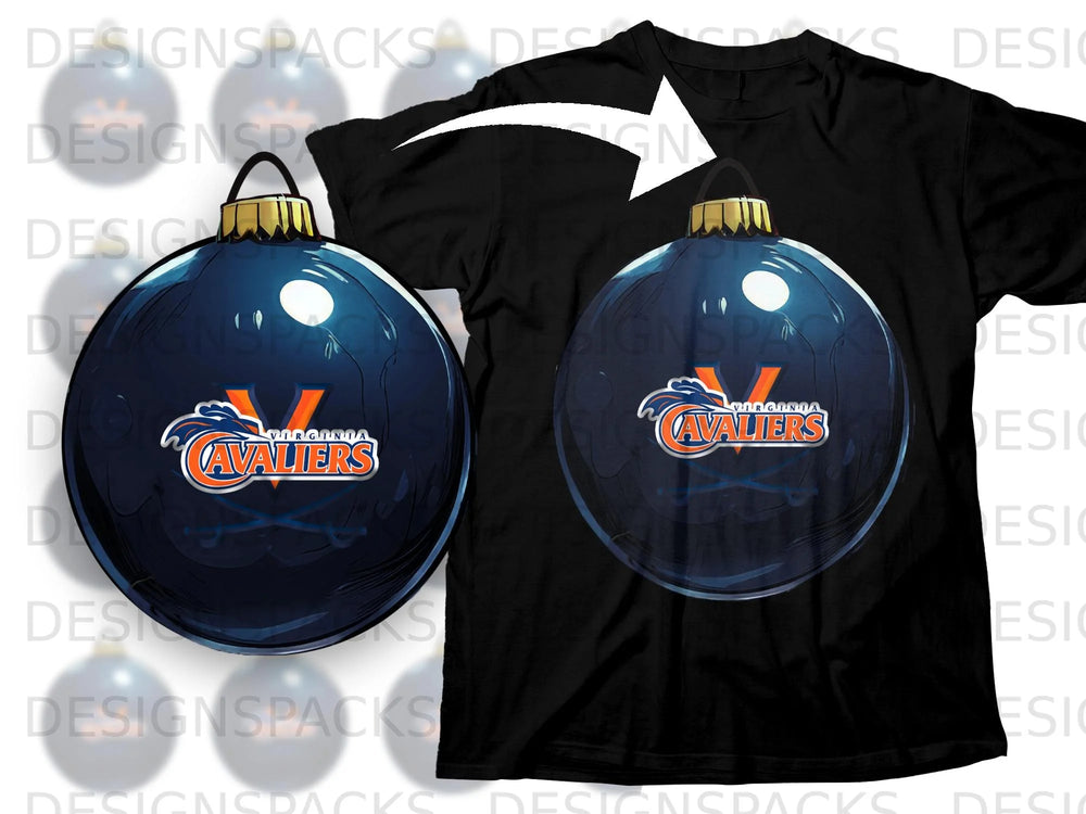 Black t-shirt with Christmas ornament featuring Virginia Cavaliers logo.