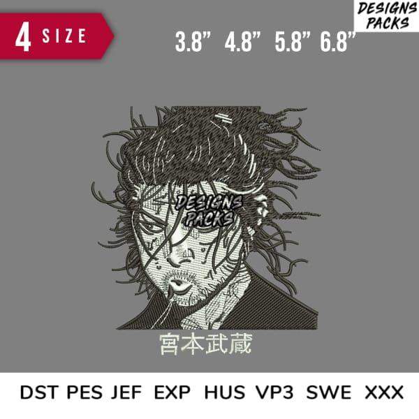 Manga-style embroidery design of a character with wild hair, available in 4 sizes and multiple file formats.