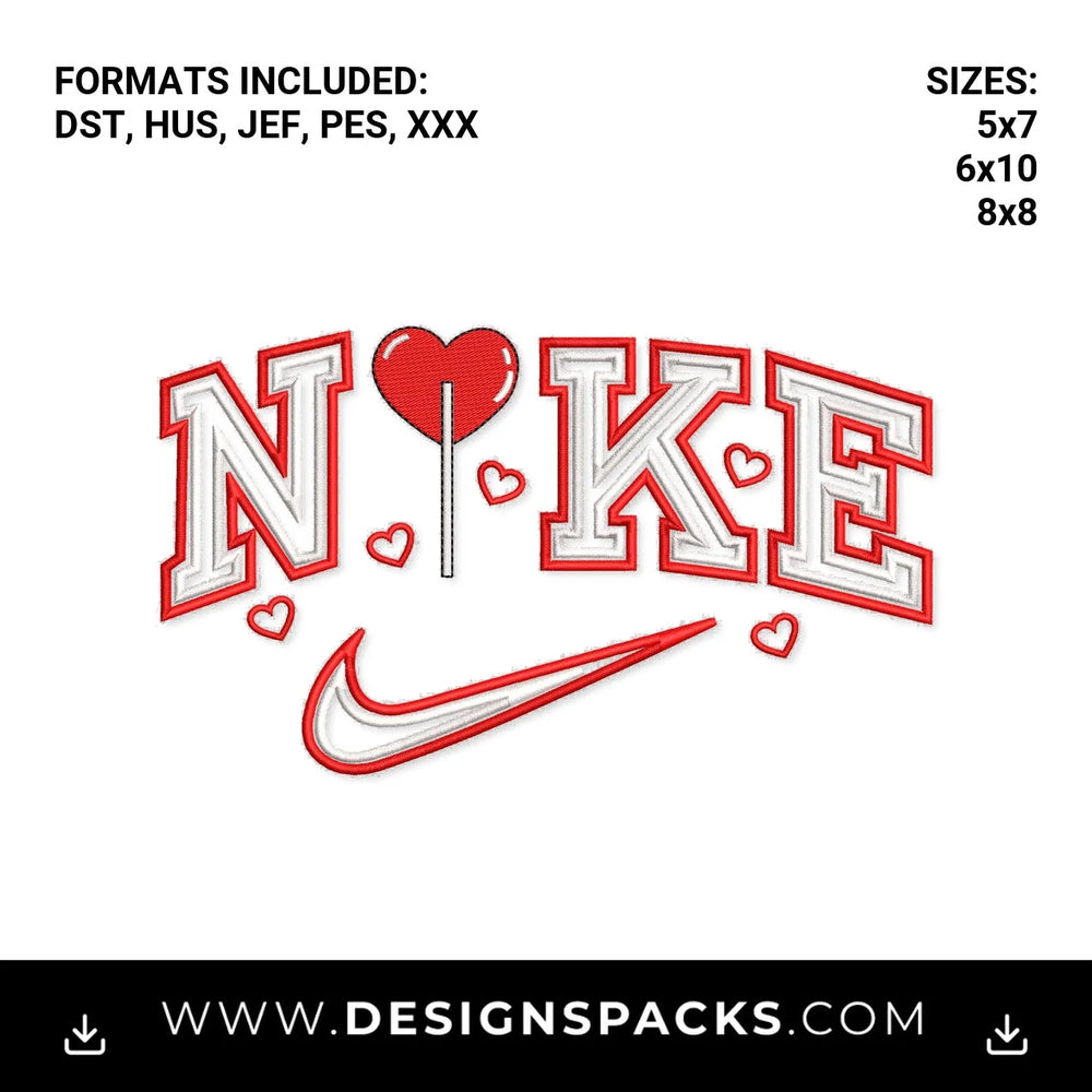 Valentine Heart Lollipop Swoosh Embroidery Design - Instant digital download pattern at Designspacks.com