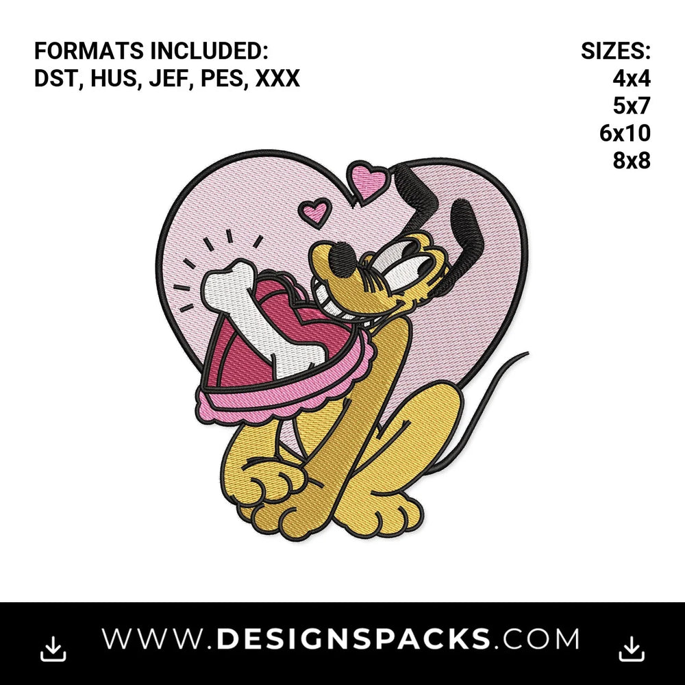 Valentine Pluto with Heart Bone Box Embroidery Design - Instant digital download pattern at Designspacks.com