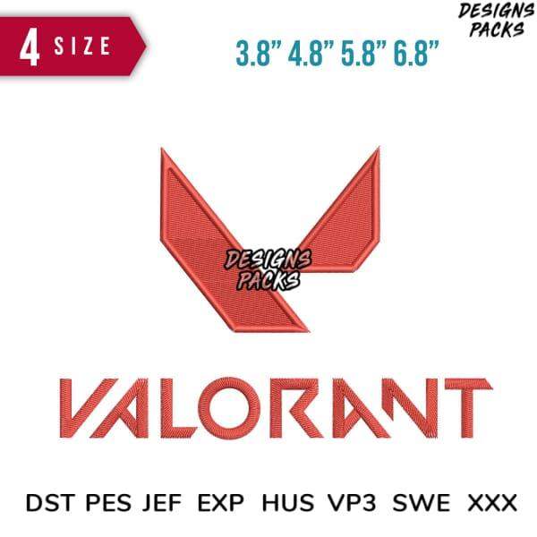 Valorant embroidery design in red, available in 4 sizes, compatible with DST PES JEF formats