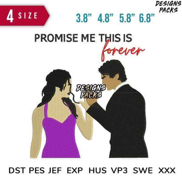 Romantic couple embroidery design with 'Promise Me This Is Forever' text, available in 4 sizes & multiple formats