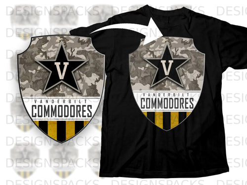 Black t-shirt featuring a Vanderbilt Commodores shield with camouflage and black/gold stripes.