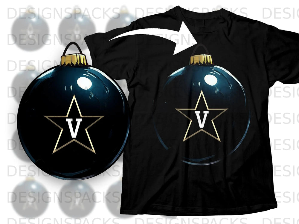 Black t-shirt with a dark blue Christmas ornament featuring a gold star and white "V".