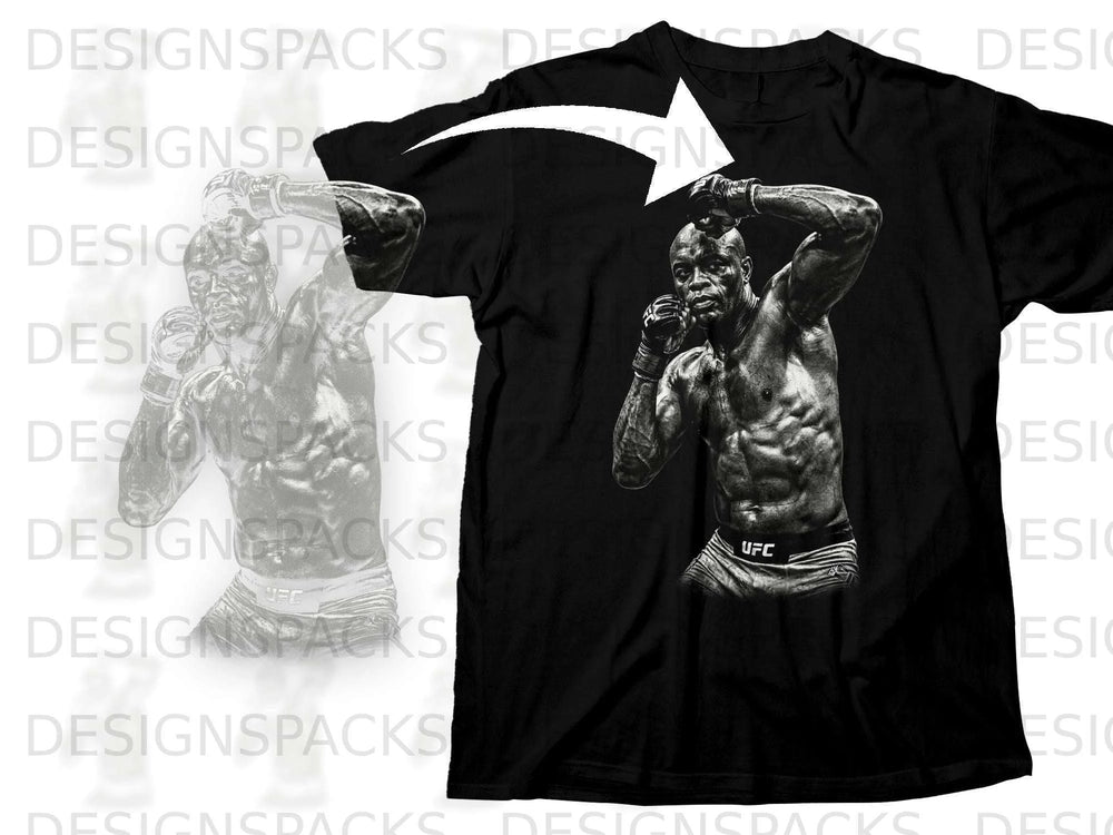 Black t-shirt with UFC fighter graphic and white arrow overlay.