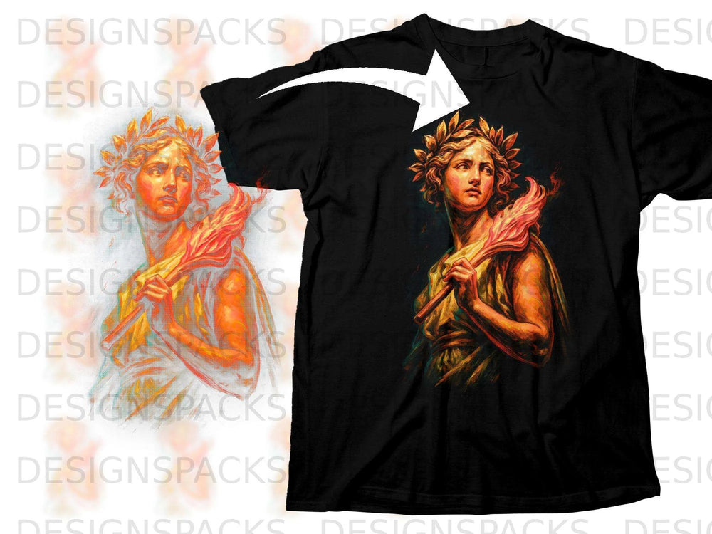 Black t-shirt with artwork of ancient woman holding a flaming torch.