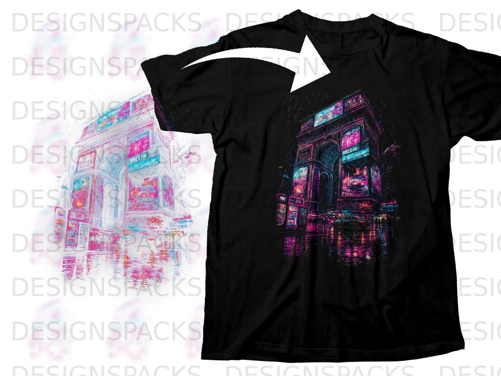 Black t-shirt with a neon-lit Arc de Triomphe graphic and reflection.