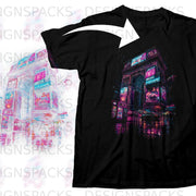 Black t-shirt with a neon-lit Arc de Triomphe graphic and reflection.