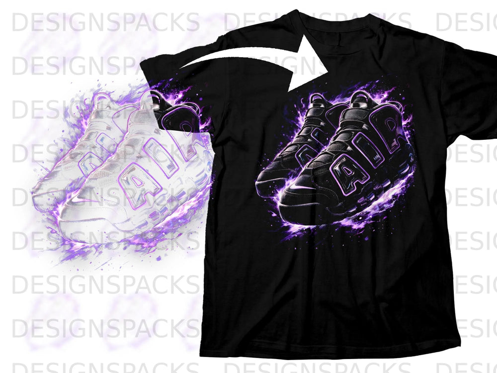 Black t-shirt with purple flame graphic of white and black sneakers.
