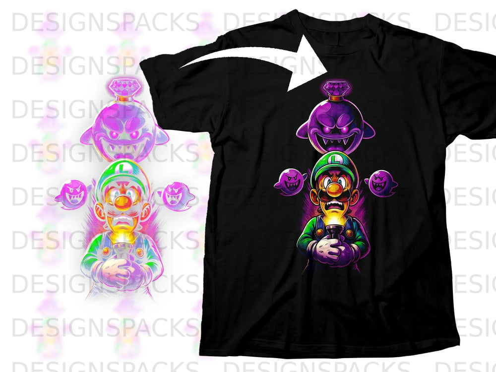 Luigi holds a flashlight surrounded by purple Boo ghosts on a black t-shirt.