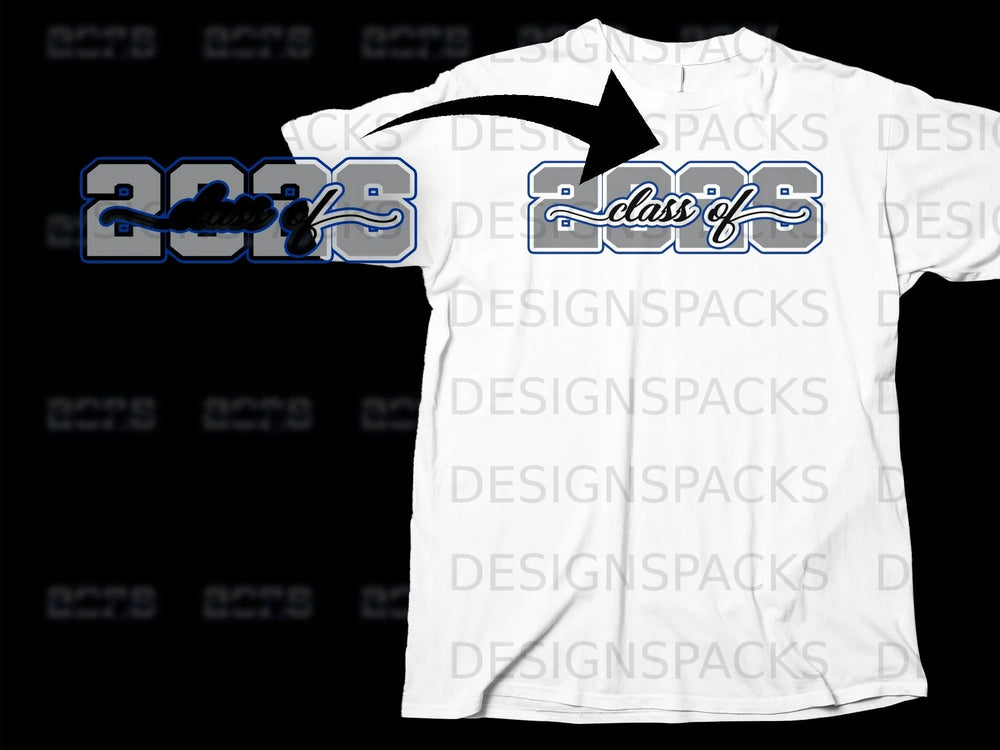 White t-shirt with "class of 2026" graphic in gray and blue.