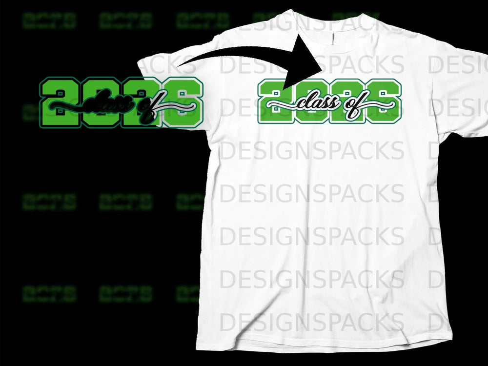 Green "Class of 2025" text on a white t-shirt.