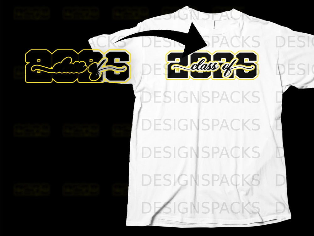 White t-shirt with "2023 class of" graphic in black and yellow.