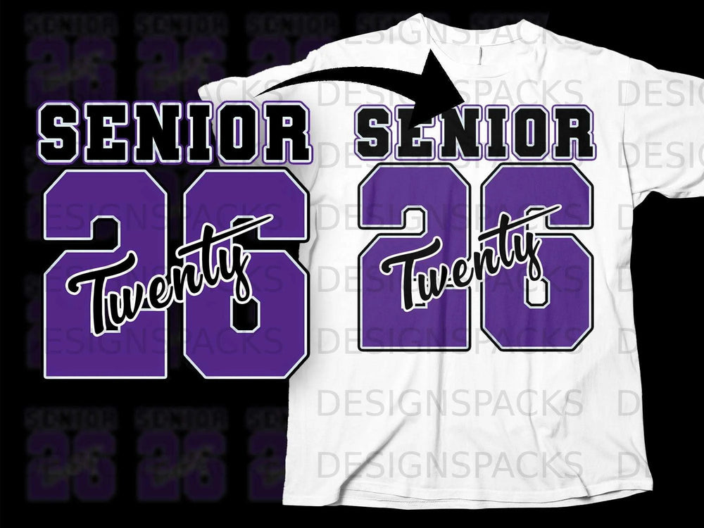 Purple "SENIOR 26" graphic with "Twenty" written across the numbers.