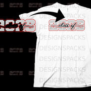 White t-shirt with "2028 class of" graphics in red and gray.