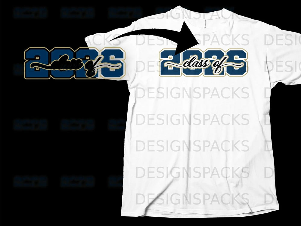 White t-shirt with navy blue "class of 2025" graphic and gold trim.