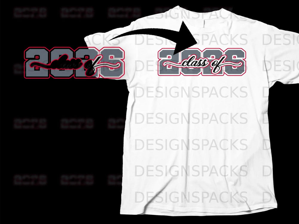 "Class of 2025" graphic in gray and red on a white t-shirt.