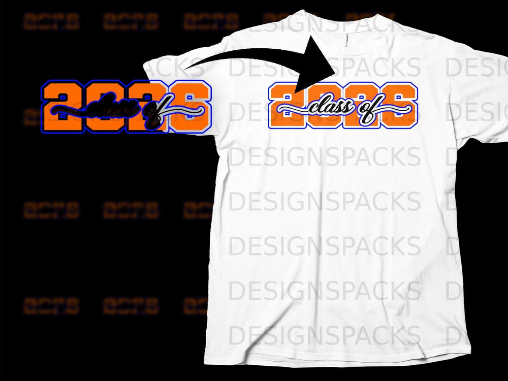 White t-shirt with orange and blue "Class of 2026" graphic on the chest.