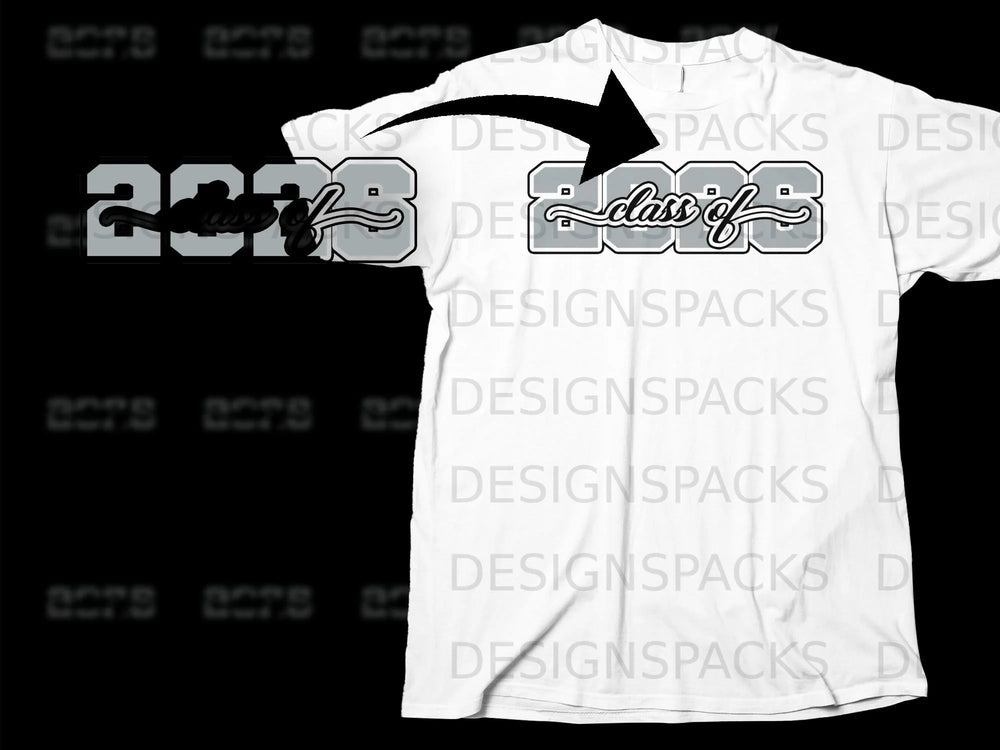 White t-shirt with "class of 2023" graphic in grey and black.