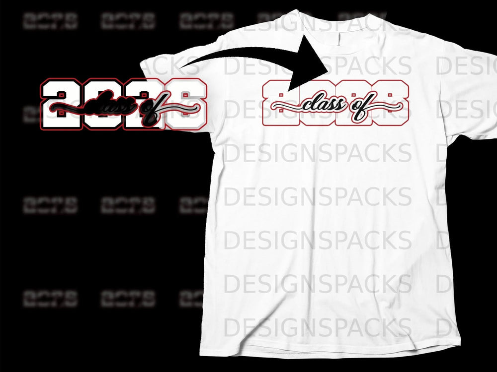 White t-shirt with "2023 class of" printed in red and white lettering.
