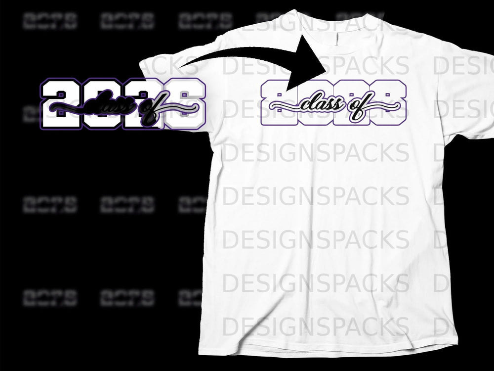 White t-shirt with "Class of 2023" text in purple and white.