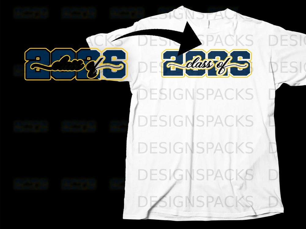White t-shirt with navy and gold "Class of 2025" graphic.