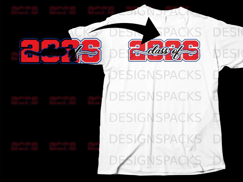 White t-shirt with "Class of 2026" graphic in red and blue.