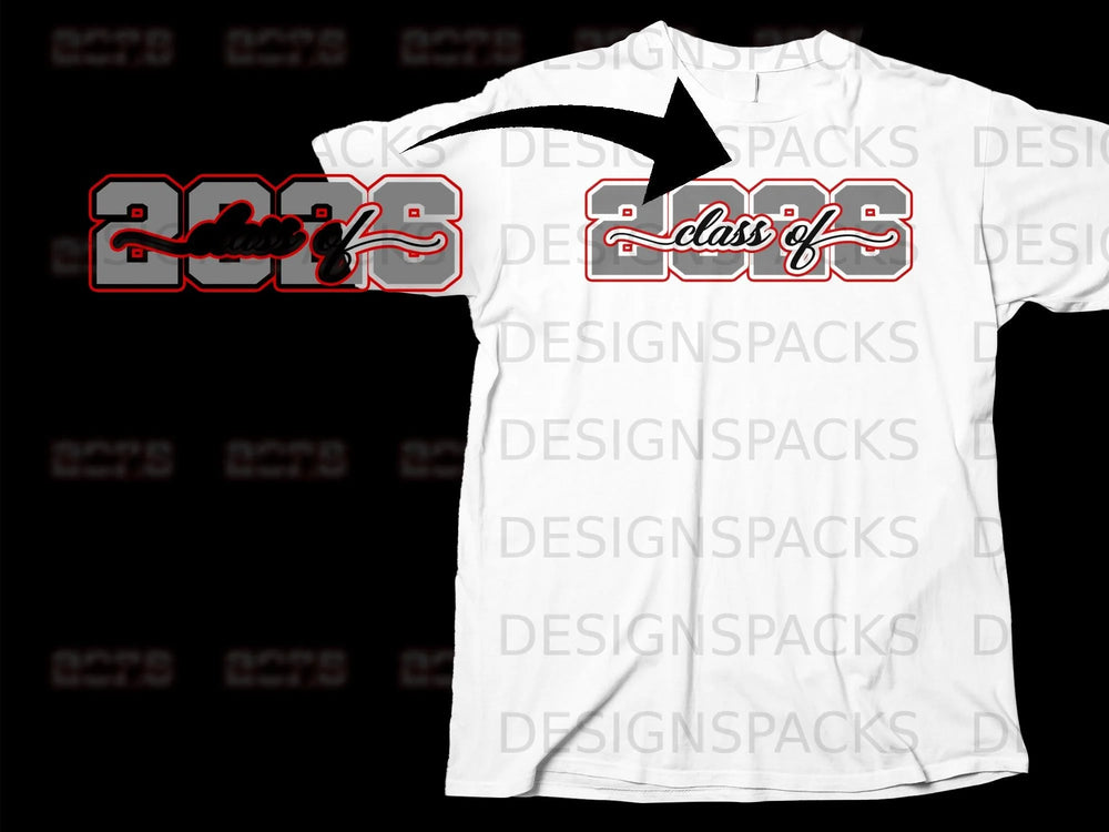 White t-shirt with "Class of 2023" graphic in grey and red.