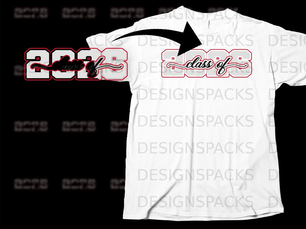 White t-shirt graphic with "2023 class of" in red and white outline.