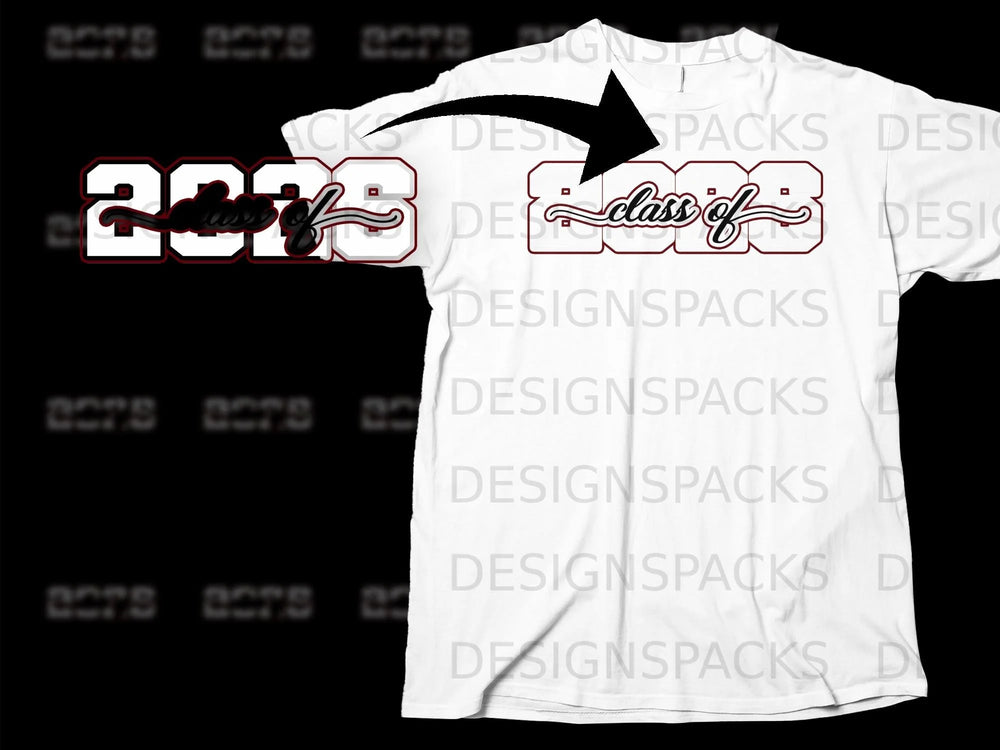 White t-shirt mockup with "2023 Class of" graphic featuring red outlines and silver fill.