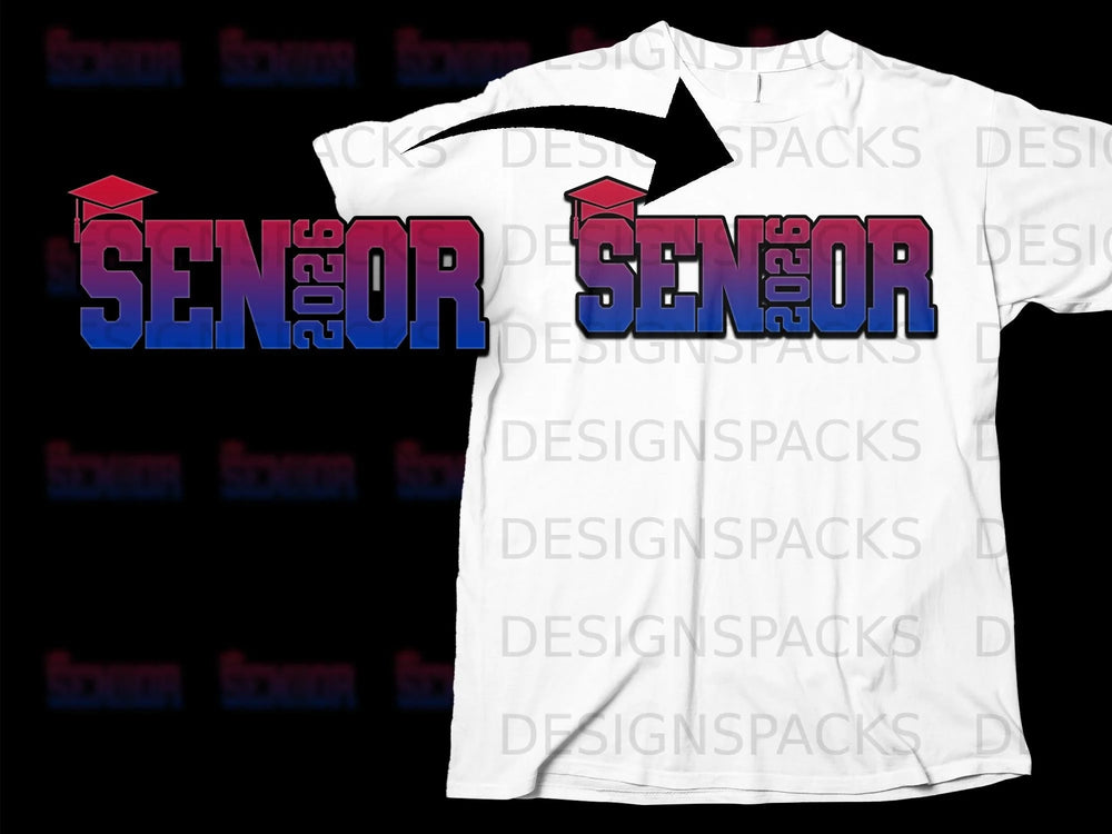 White t-shirt with "SENIOR 2026" graphic in red and blue gradient.