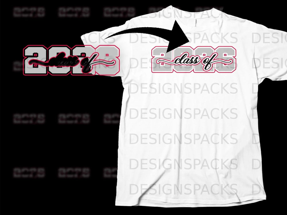 White t-shirt with "class of 2023" text design in grey and red.