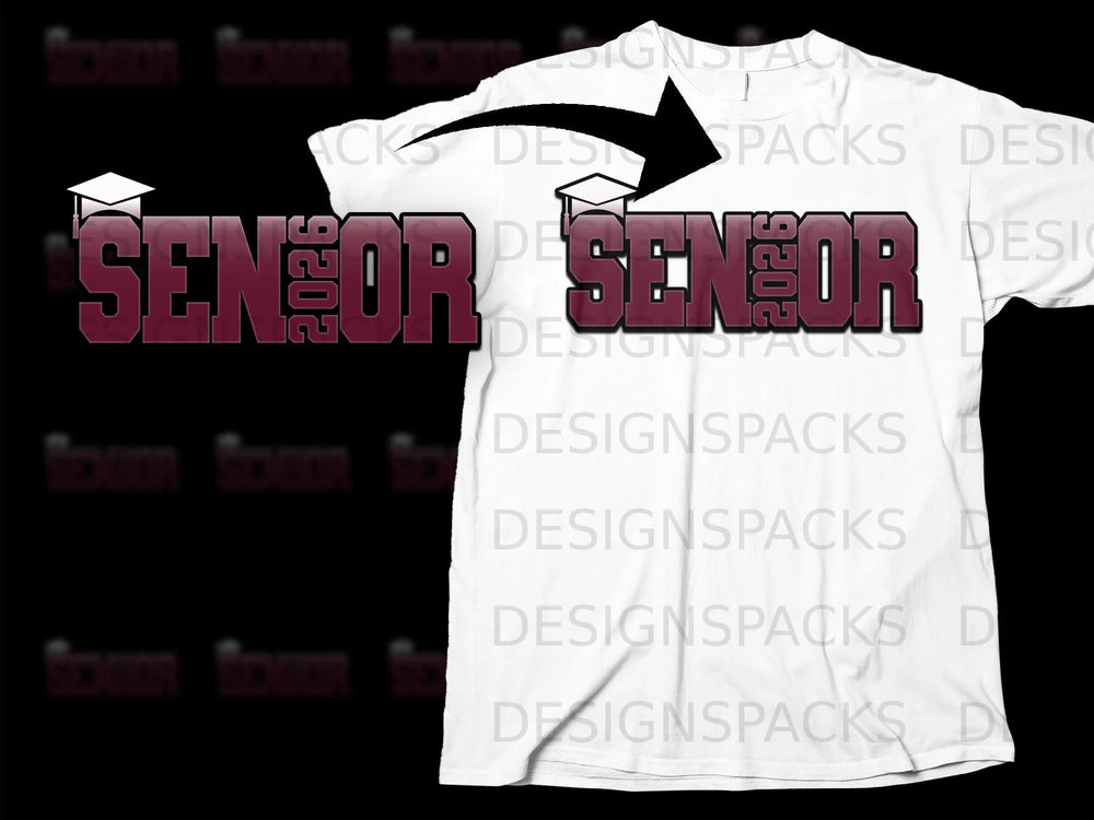White t-shirt with "SENIOR 2026" text and graduation cap graphic.